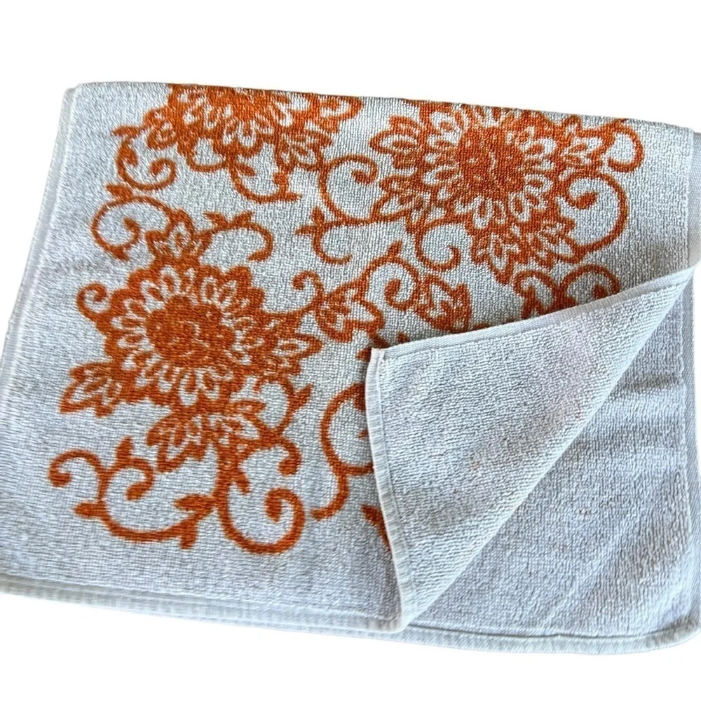 Vintage MCM Screen Prints by Sayco 2 Piece Towel Set White Orange Floral USA